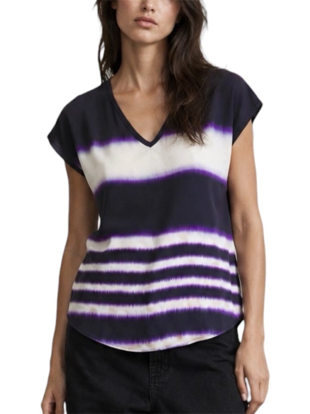 Size S Trina Turk Black Purple Ikat Stripe Silk V-Neck Blouse